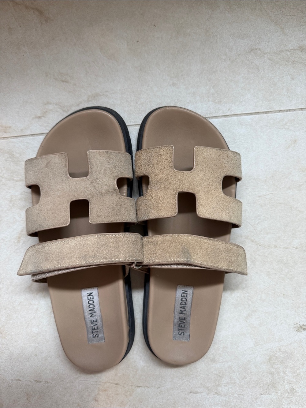 Steve Madden Beige Suede Double-Strap Slide Sandals